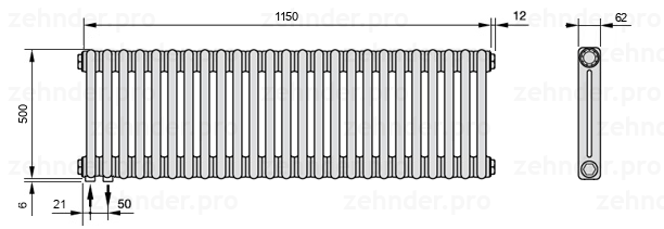 Схема (чертеж) Радиатор Zehnder Charleston 2050/25 №3370 Белый глянцевый RAL 9016